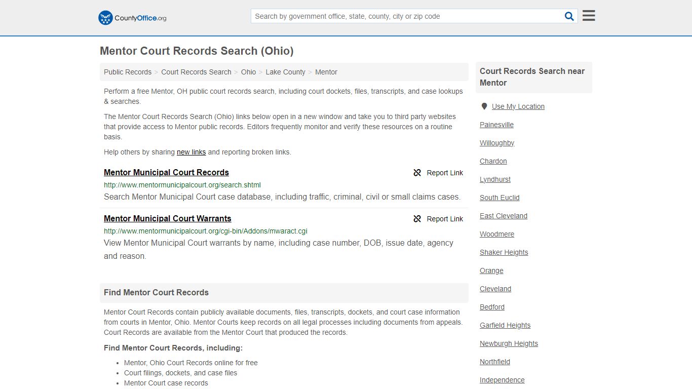 Mentor Court Records Search (Ohio) - County Office
